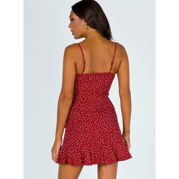 Princess Polly Deep Red Caesura Polka Dot Mini Dress - Picture 6 of 15